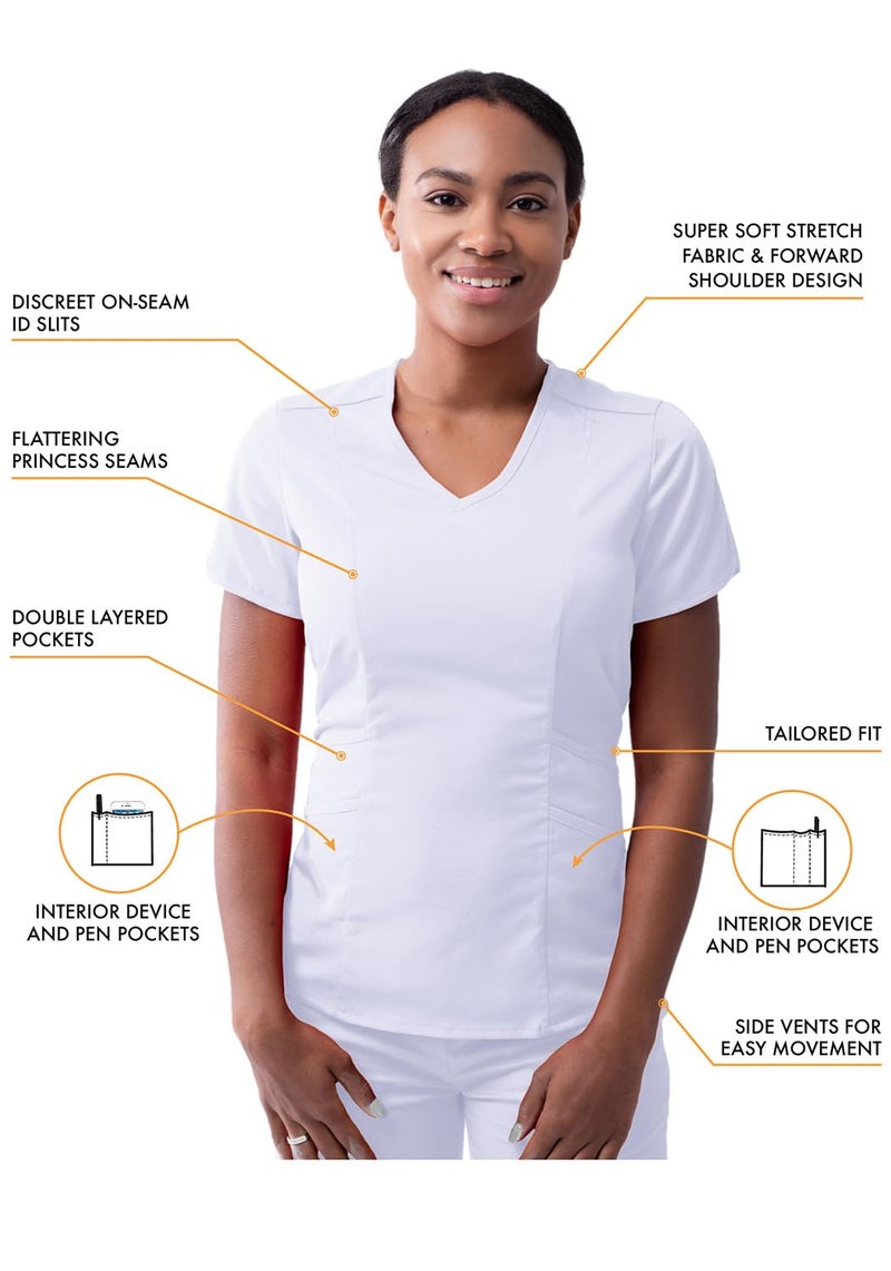 Adar Uniforms Adar Pro Athletic Scrubs Set For Women - Stretch V-Neck Scrub Top & Yoga Jogger Cargo Scrub Pants, 10 Pockets - P9500 - White - XS - Image 3